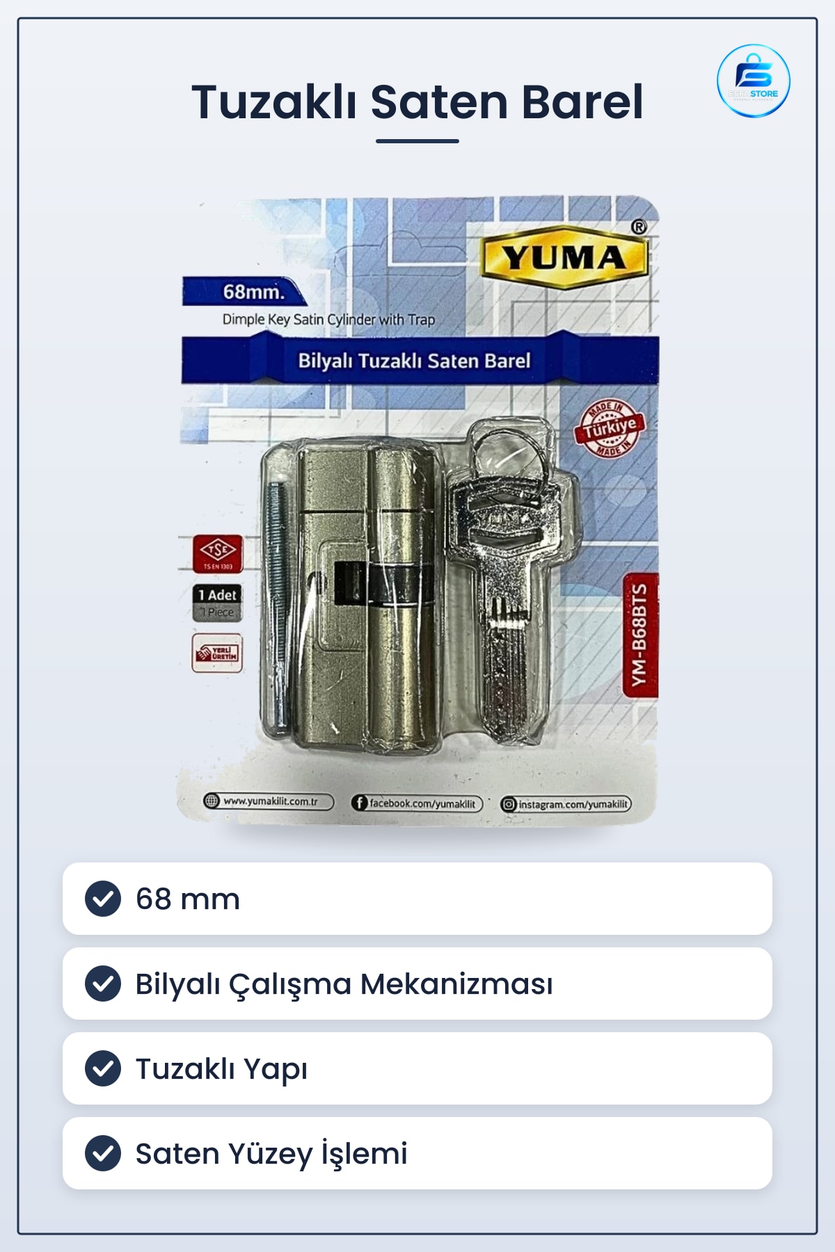 Bilyalı Tuzaklı Saten Barel 68 mm Kilit Silindiri Kapı Kilidi Güvenlik Anahtarlı Ürünü