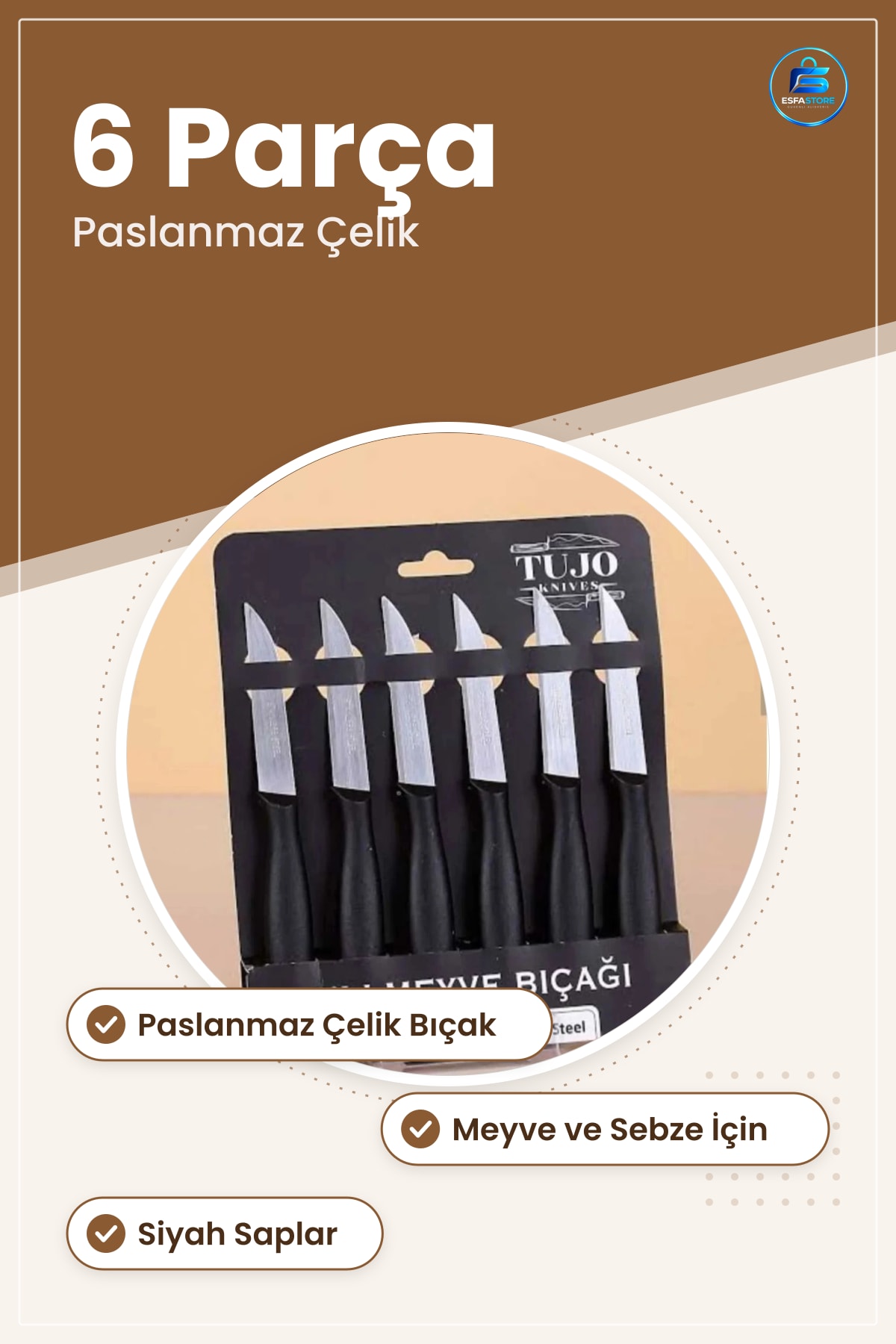Meyve Bıçağı Seti 6 Parça Paslanmaz Çelik Mutfak Sebze Soyma Kesme Yemek Hazırlık Ev