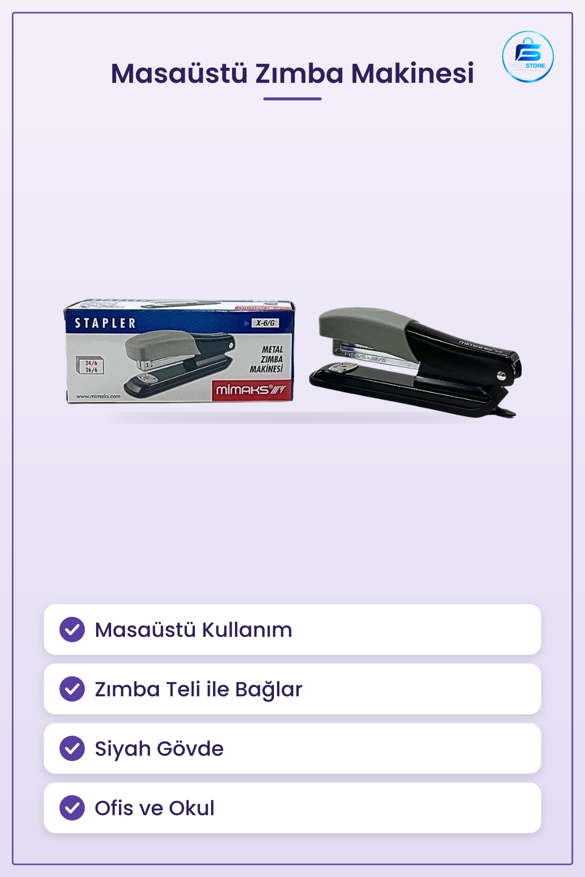 Zımba Makinesi Siyah Gövdeli Ofis Kırtasiye Kağıt Zımbalama Aleti Masaüstü Kullanım Ev Okul