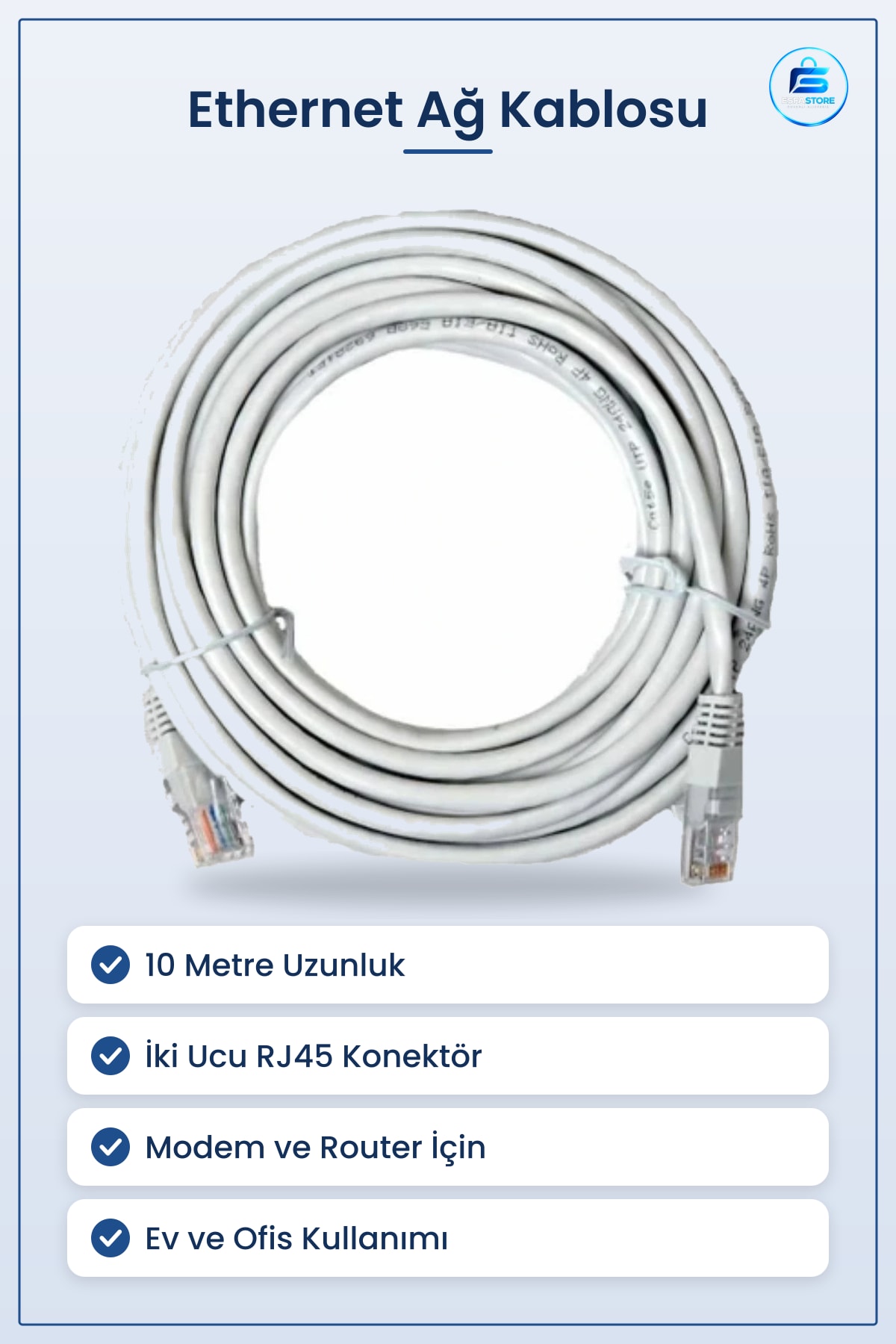 Network Kablosu 10 Metre Ethernet Ağ RJ45 Modem Router Bilgisayar İnternet Bağlantısı