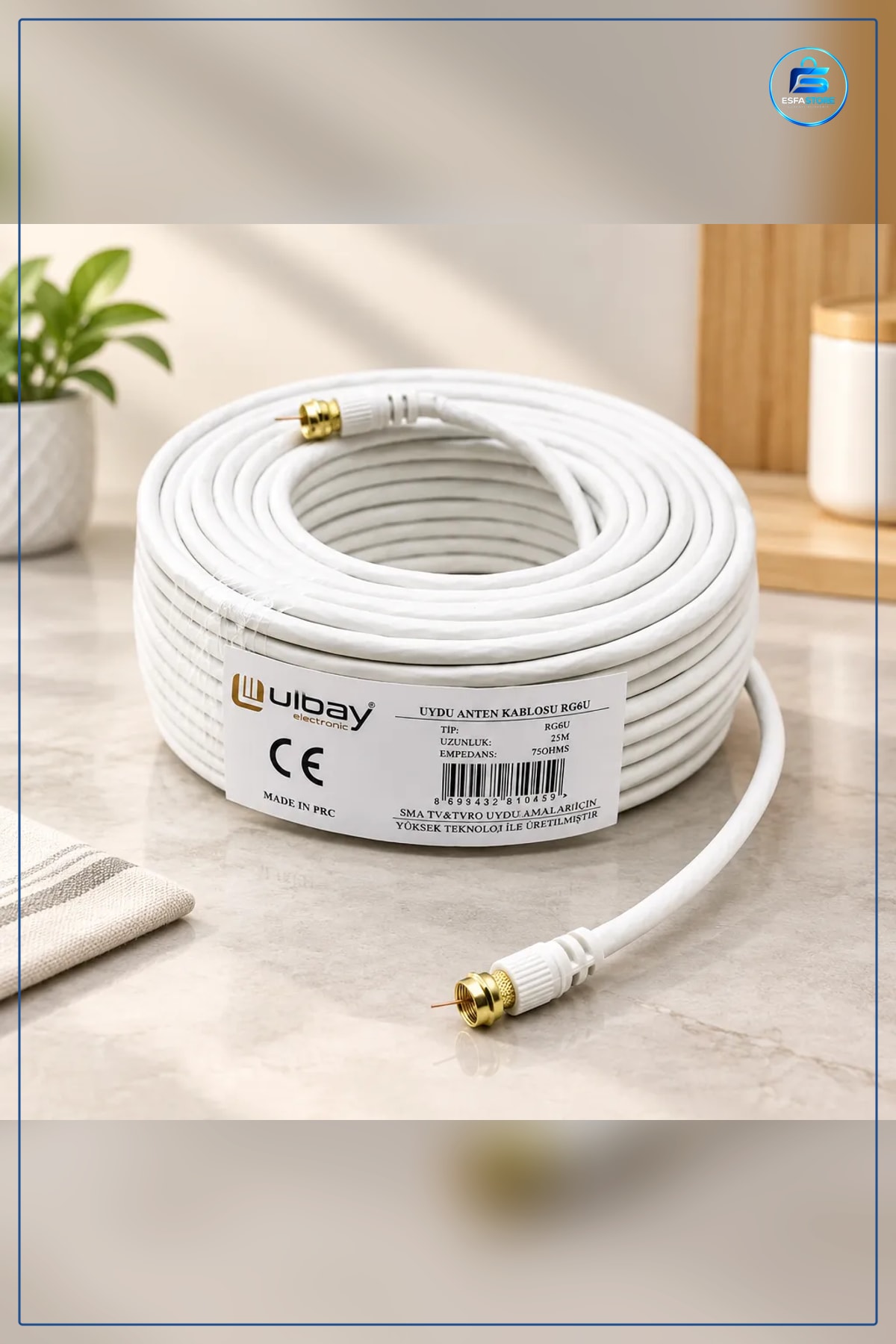 Uydu Anten Kablosu 25 Metre Beyaz Koaksiyel Uzatıcı Kablo RG6U TV Alıcı Bağlantı Aksesuarı