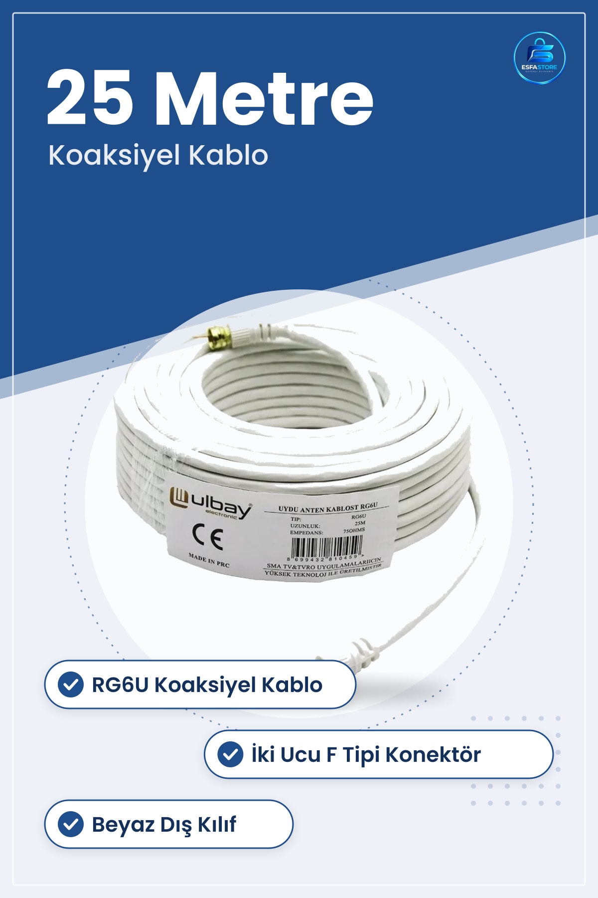 Uydu Anten Kablosu 25 Metre Beyaz Koaksiyel Uzatıcı Kablo RG6U TV Alıcı Bağlantı Aksesuarı