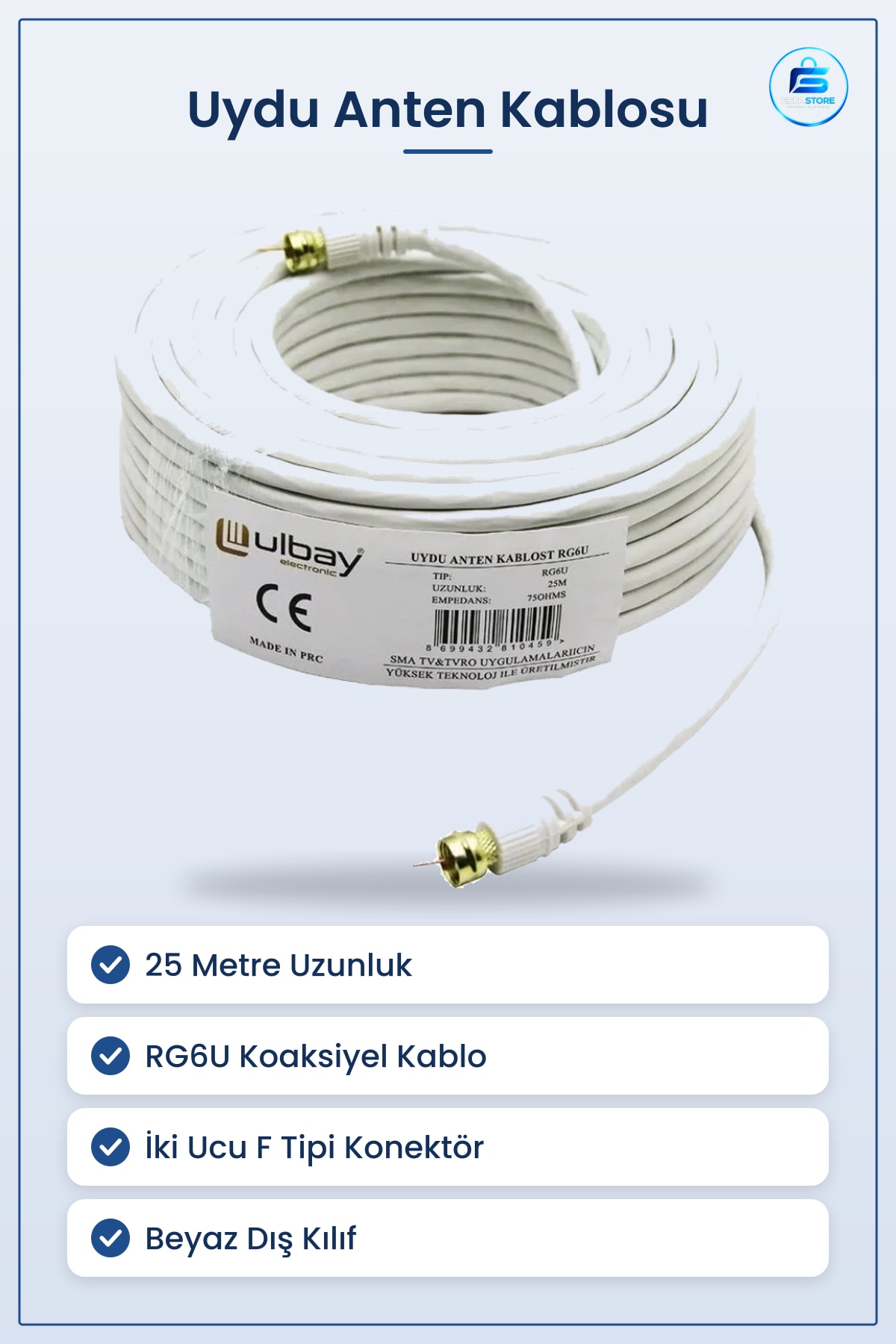 Uydu Anten Kablosu 25 Metre Beyaz Koaksiyel Uzatıcı Kablo RG6U TV Alıcı Bağlantı Aksesuarı