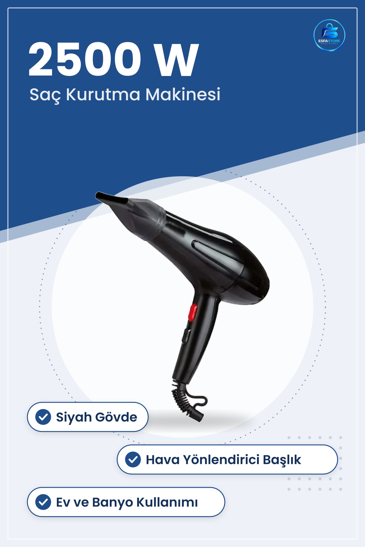 Fön Makinesi 2500 W Saç Kurutma Kişisel Bakım Banyo Ev Kullanımı El Tipi Pratik Kolay