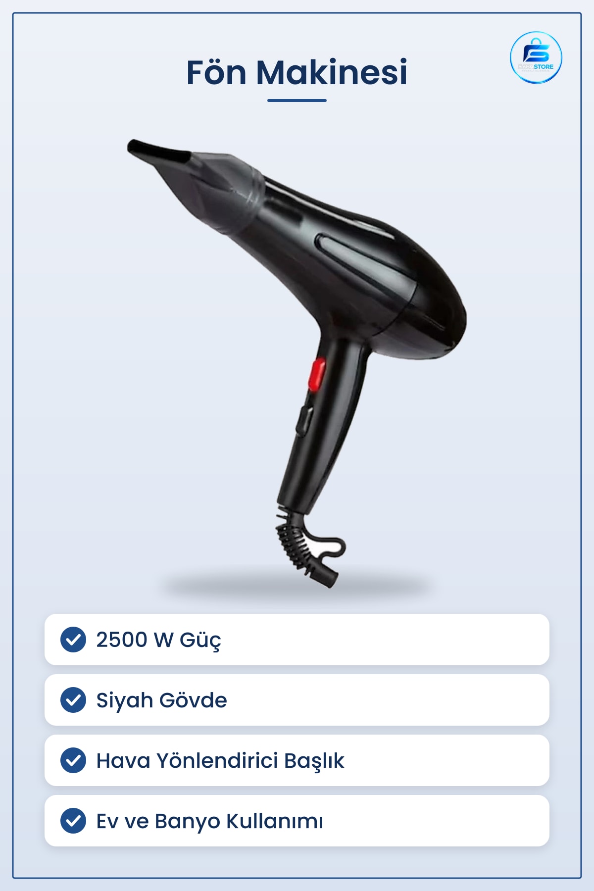 Fön Makinesi 2500 W Saç Kurutma Kişisel Bakım Banyo Ev Kullanımı El Tipi Pratik Kolay