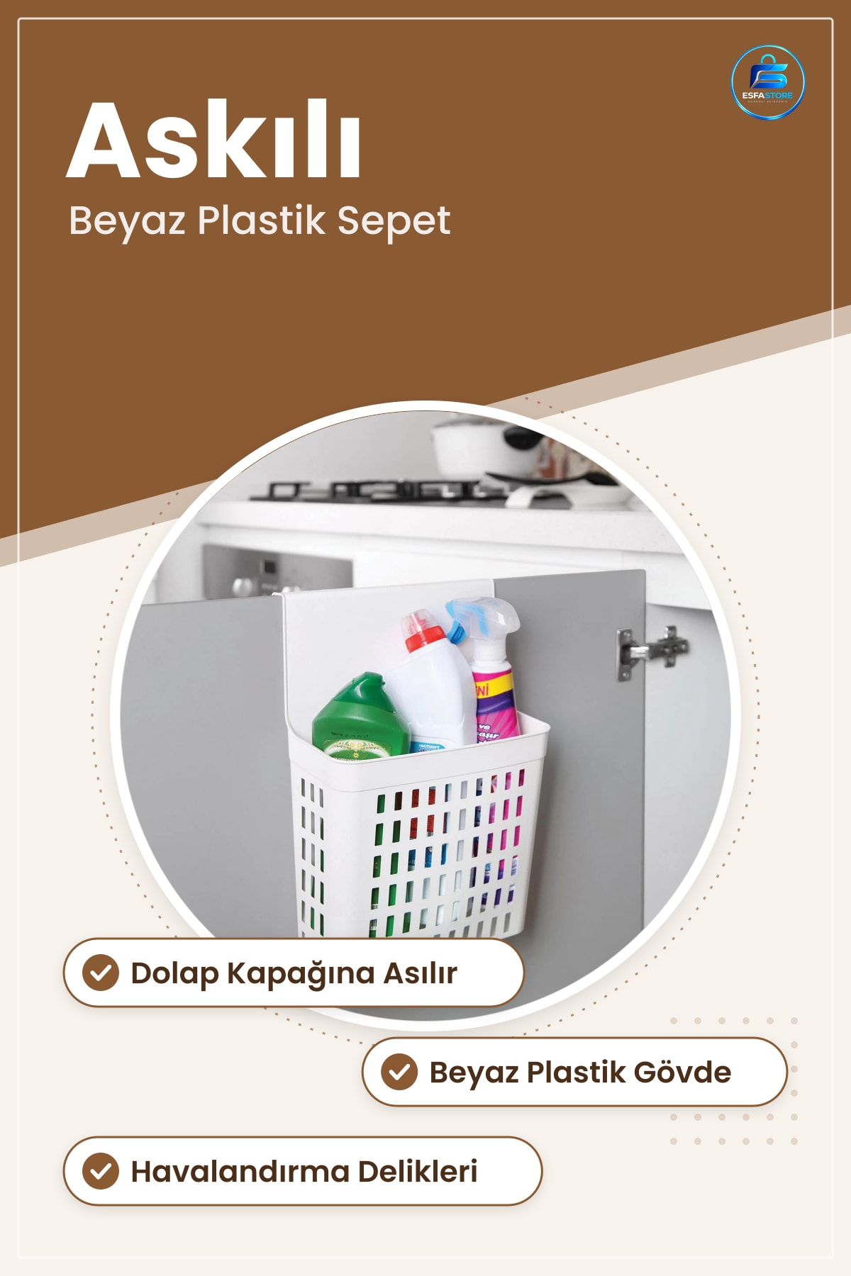 Dolap İçi Askılı Organizer Düzenleyici Beyaz Plastik Sepet Kapak Askısı Mutfak Ev Temizlik