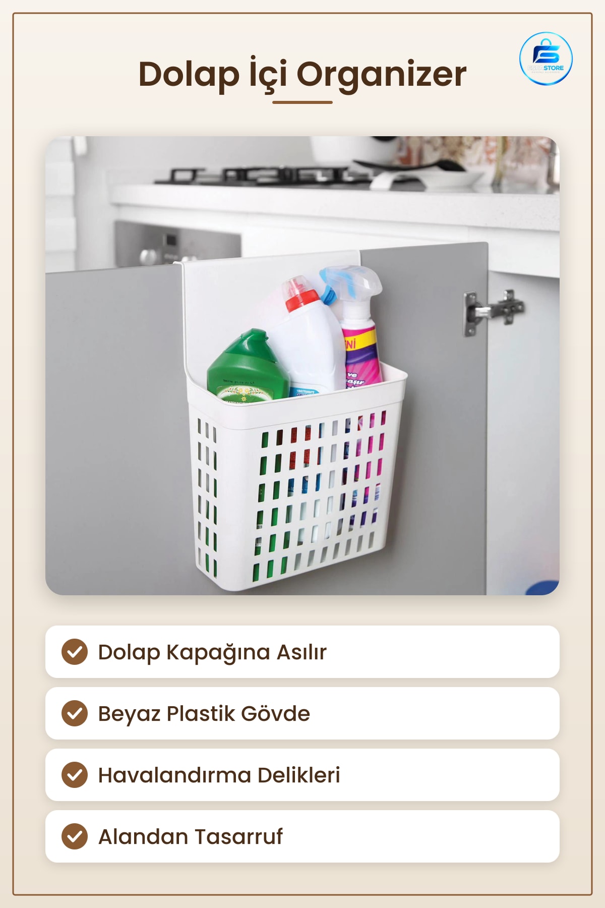 Dolap İçi Askılı Organizer Düzenleyici Beyaz Plastik Sepet Kapak Askısı Mutfak Ev Temizlik
