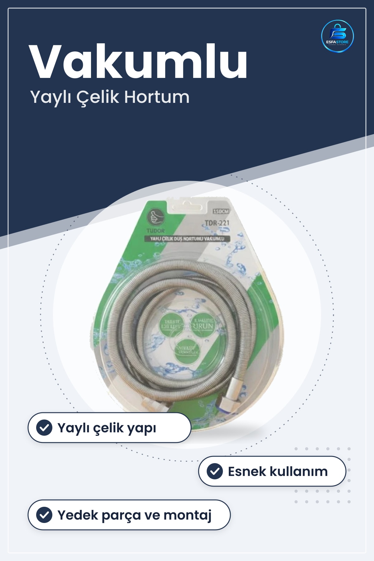Yaylı Çelik Duş Hortumu Vakumlu 150 cm Paslanmaz Krom Banyo Tesisatı Esnek Bağlantı