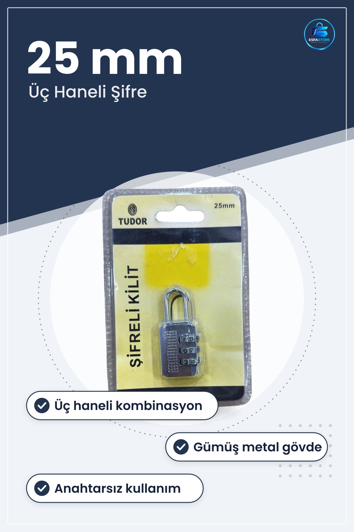 25 mm Şifreli Kilit Üç Haneli Kombinasyonlu Gümüş Metal Asma Dolap Bagaj Güvenlik Kilidi