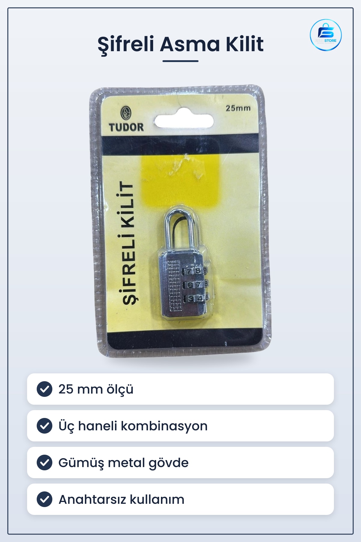 25 mm Şifreli Kilit Üç Haneli Kombinasyonlu Gümüş Metal Asma Dolap Bagaj Güvenlik Kilidi