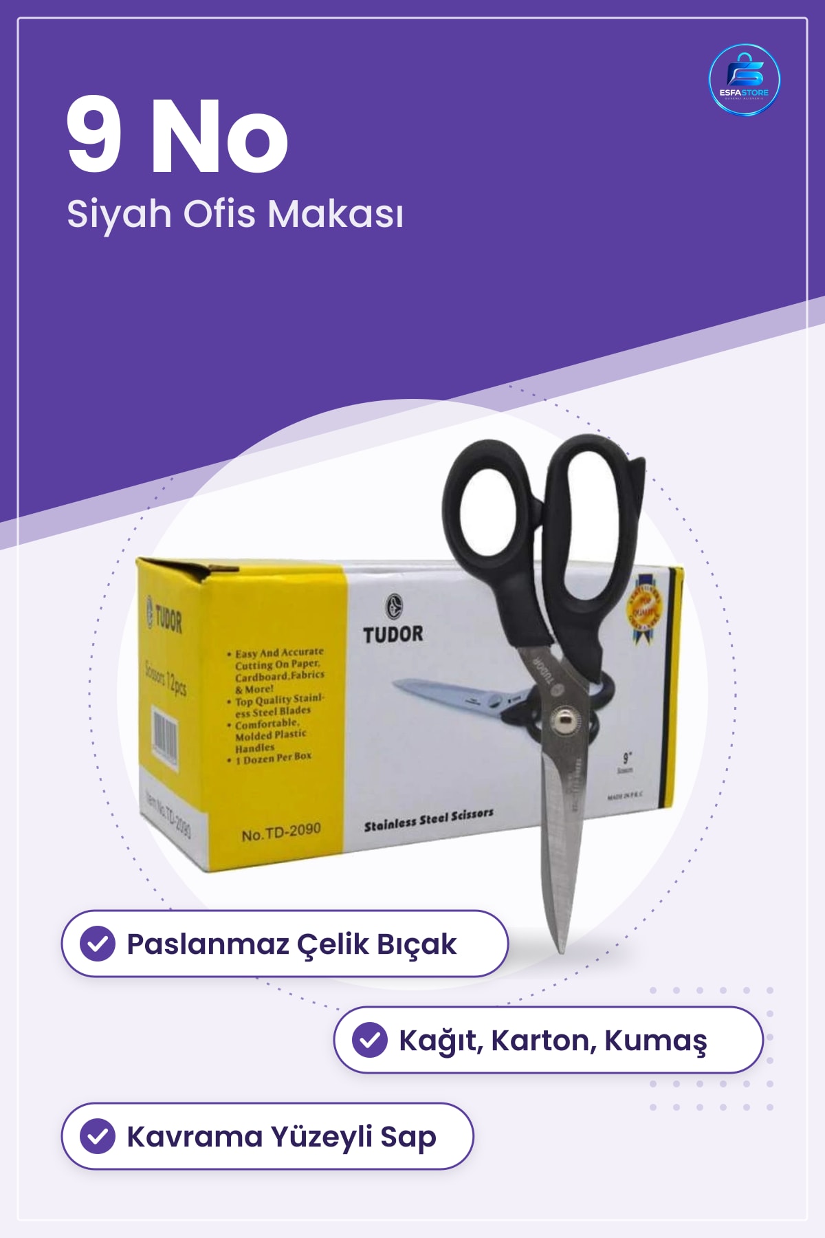 Makas 9 No Siyah Paslanmaz Çelik Kumaş Kağıt Karton Kesme Ofis Kırtasiye Kolay Kesim