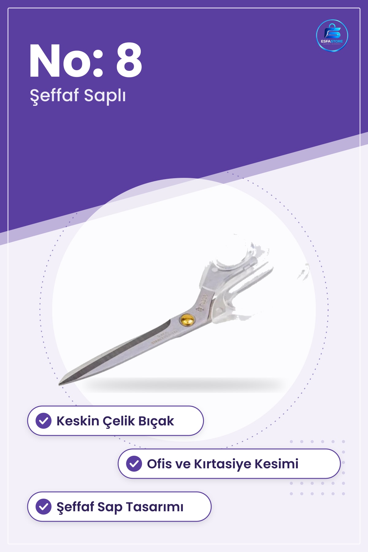 Şeffaf Saplı Makas No: 8 Kırtasiye Ofis Dikiş Kumaş Kesim Makası Paslanmaz Çelik Keskin Bıçak