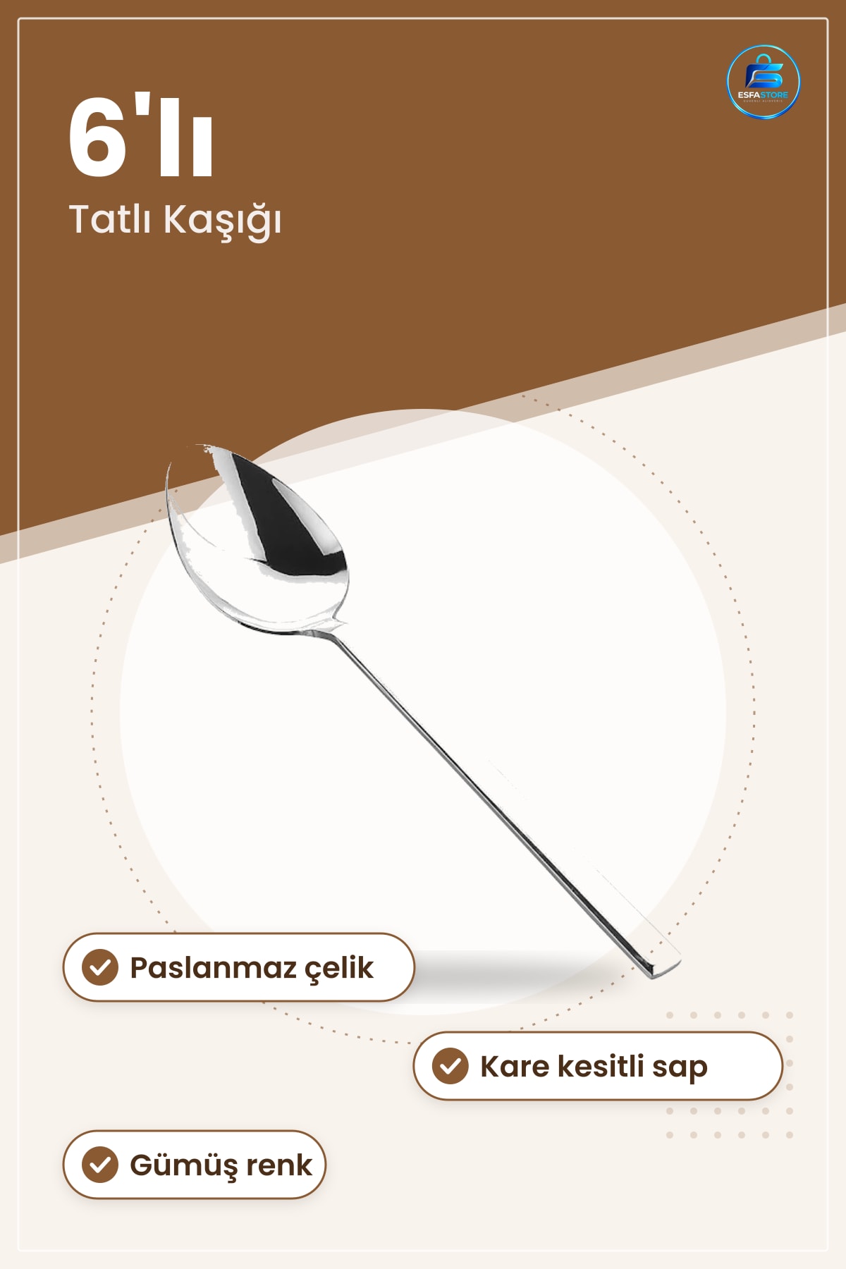 Çubuk Tatlı Kaşığı 6'lı Paslanmaz Çelik Gümüş Renk Kare Saplı Günlük Mutfak Sofra Seti