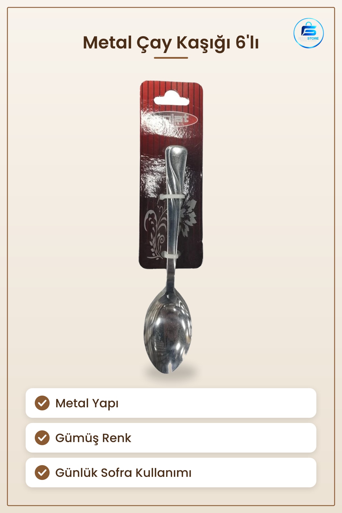 Çay Kaşığı 6'lı Metal Mutfak Sofra Seti Gümüş Renk Günlük Kullanım İçin Pratik Servis Takımı