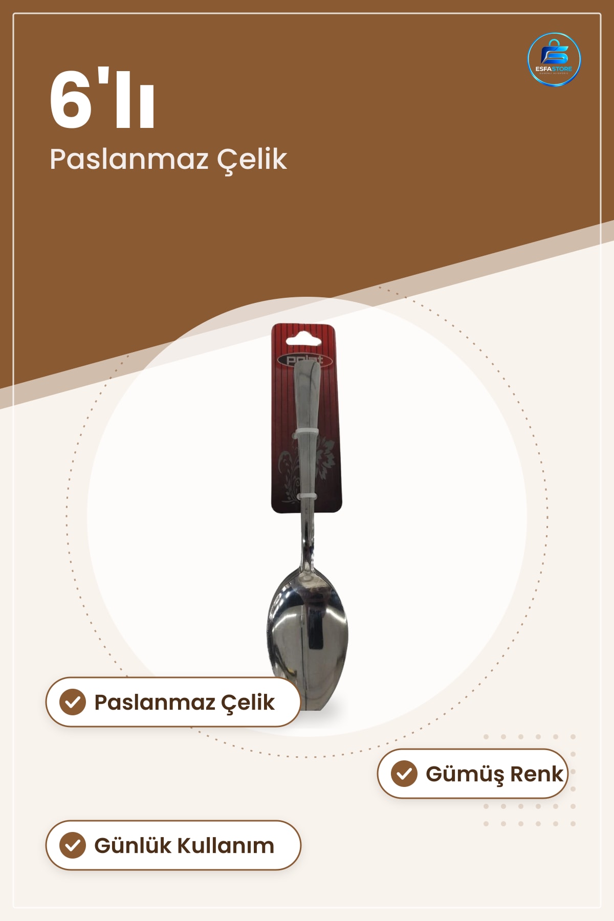 Yemek Kaşığı 6'lı Paslanmaz Çelik Gümüş Renk Günlük Kullanım Mutfak Sofra Kaşık Seti