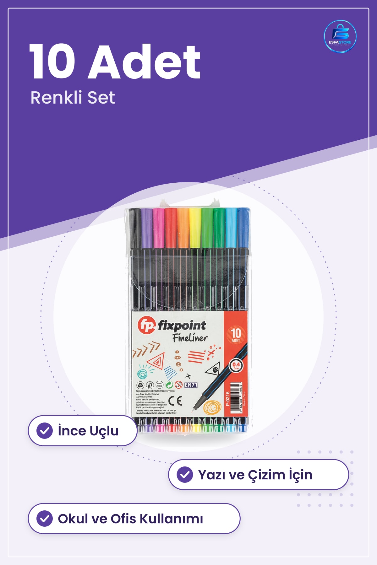 Fineliner Keçeli Kalem 10 Adet Renkli Set Çizim ve Yazı İçin Okul Ofis Kırtasiye Malzemesi