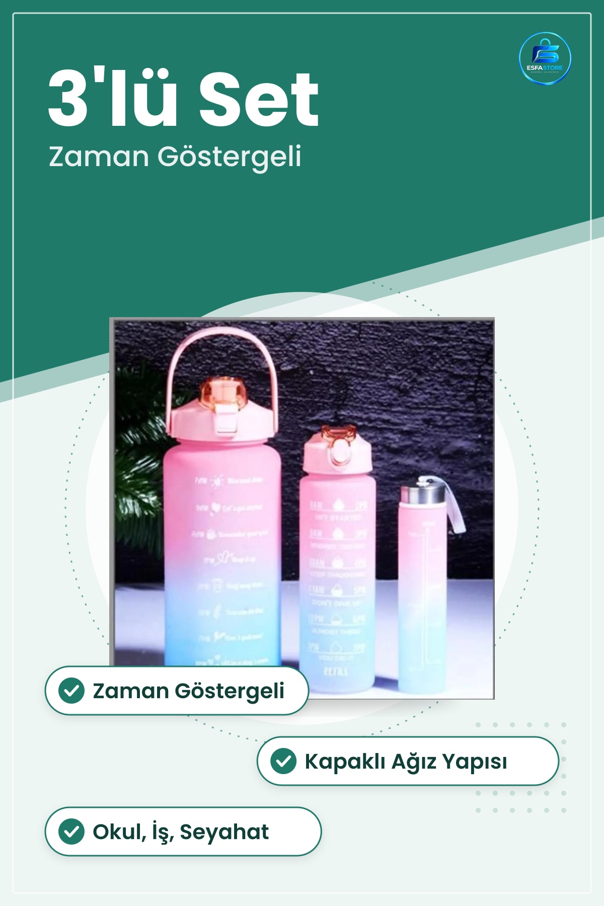 Motivasyon Suluk Matara Seti 3'lü Zaman Göstergeli Kapaklı Spor Su Şişesi Okul İş Seyahat