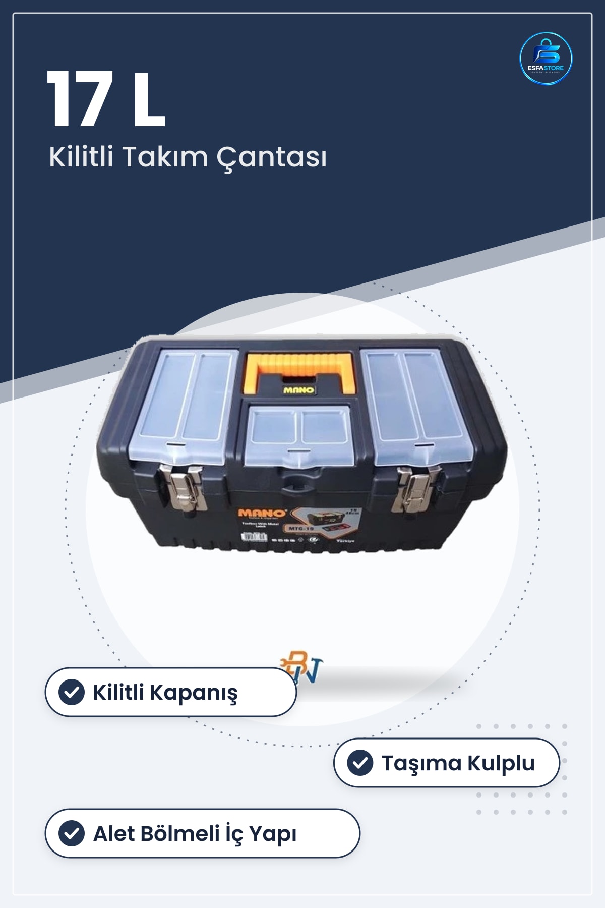 Takım Çantası 17 L Kilitli Plastik Alet Bölmeli Taşınabilir Hırdavat Tamir Atölye Kutusu