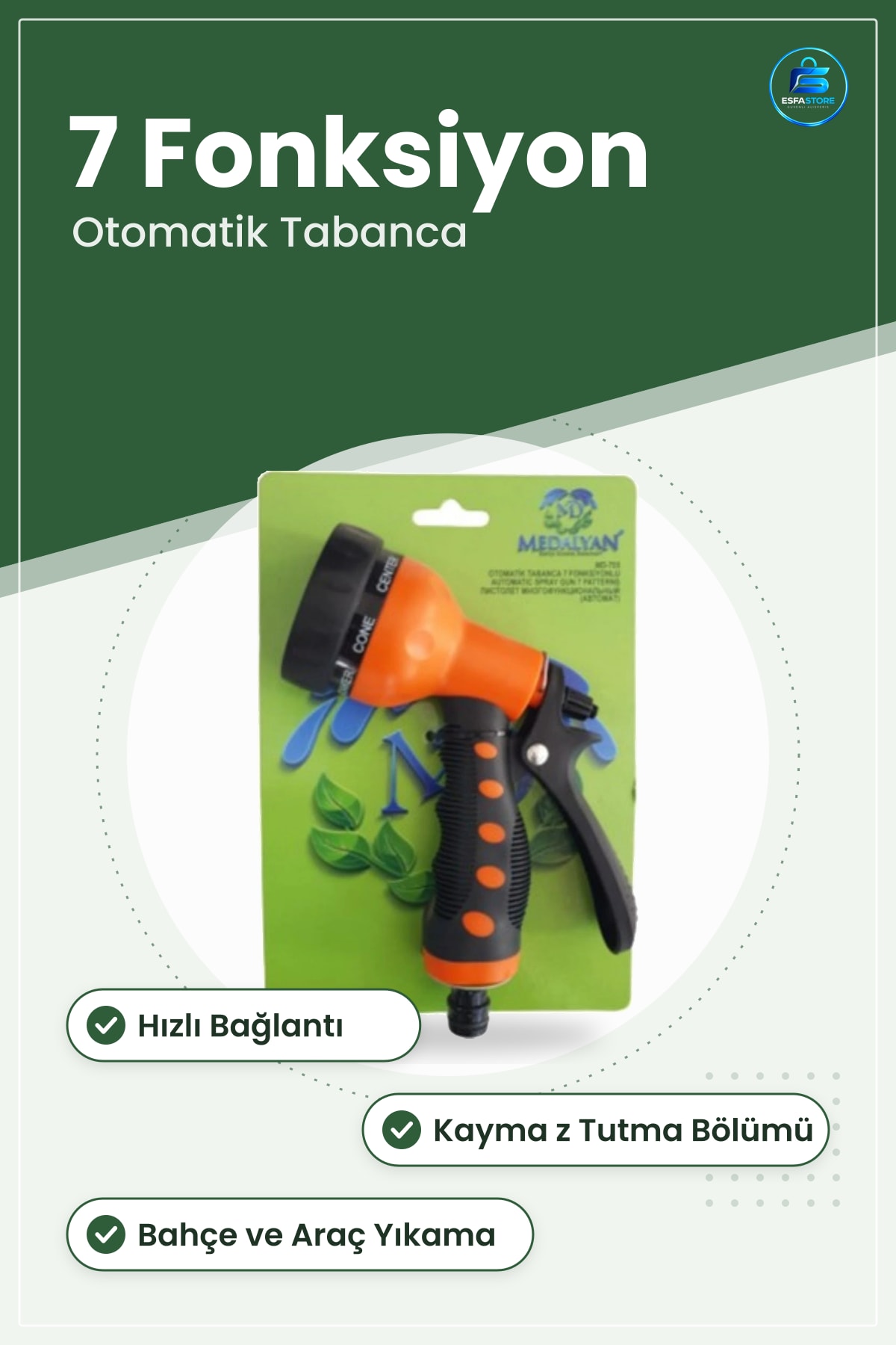 Sulama Başlıkları 7 Fonksiyonlu Otomatik Tabanca Bahçe Hortum Ucu Araç Yıkama Temizlik