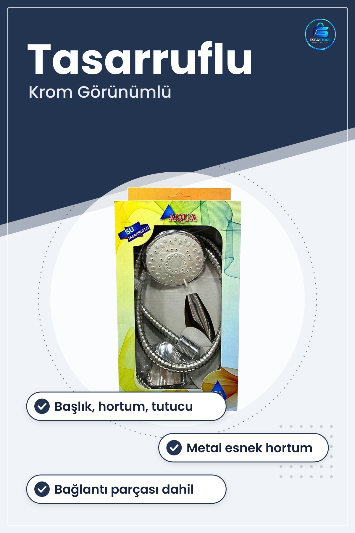 Duş Sistemi Aqua Kutulu Set Su Tasarruflu Krom Görünümlü Başlıklı Hortumlu Banyo Seti
