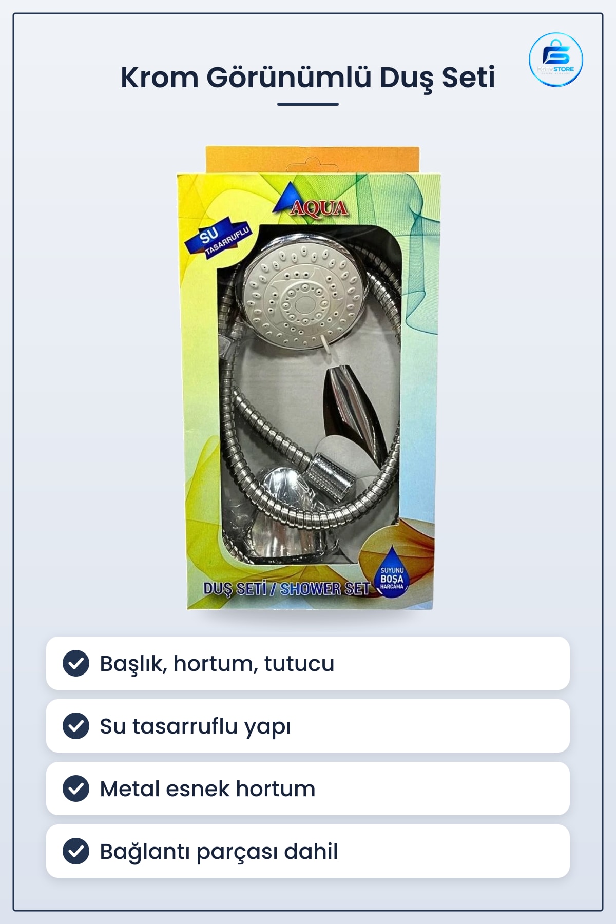 Duş Sistemi Aqua Kutulu Set Su Tasarruflu Krom Görünümlü Başlıklı Hortumlu Banyo Seti