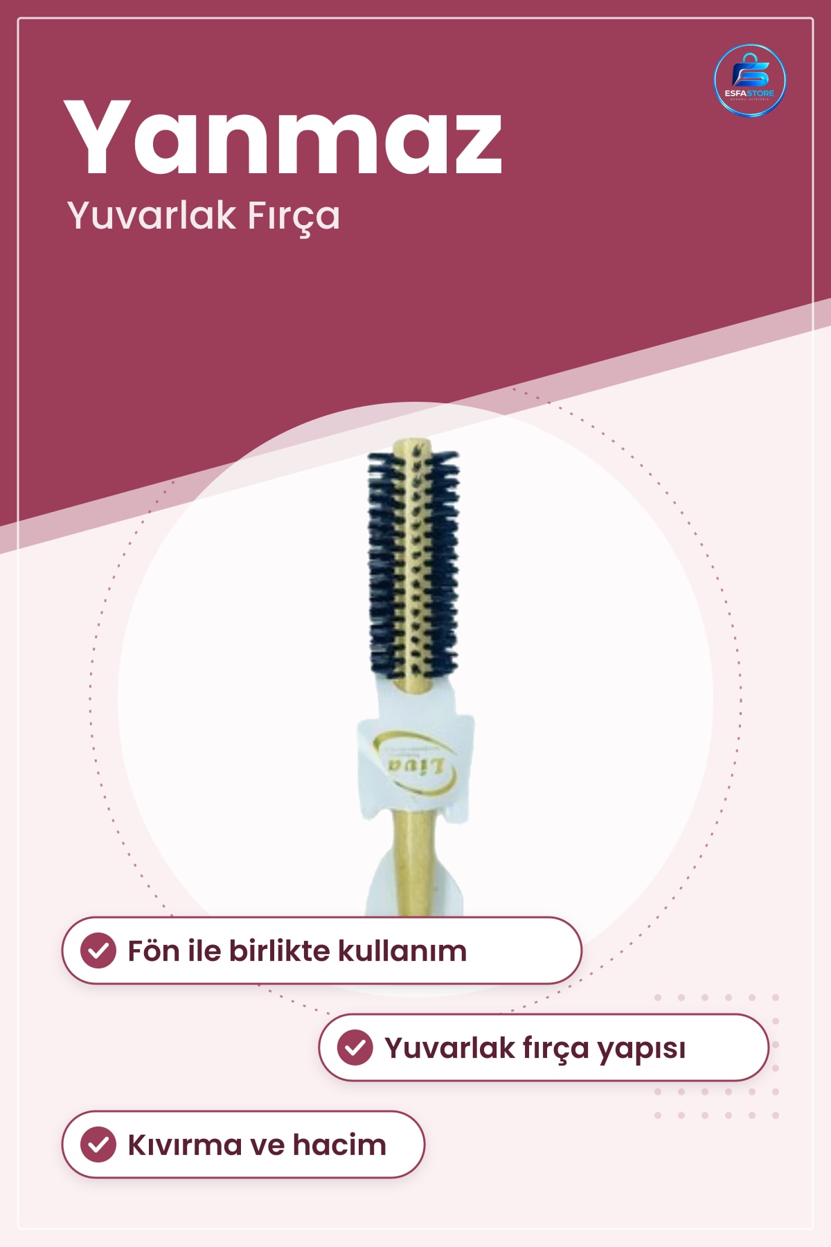 Yanmaz Fön Tarağı Saç Fırçası Yuvarlak Tarak Kadın Şekillendirme Kıvırma Kuaför Bakım