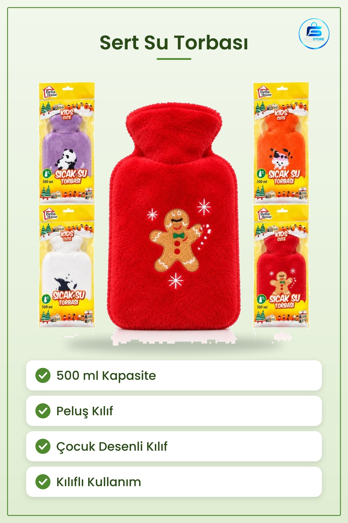 Sıcak Su Torbası Çocuk Desenli Kılıflı 500 ml Peluş Kılıf Isıtıcı Ev Kullanımına Uygun