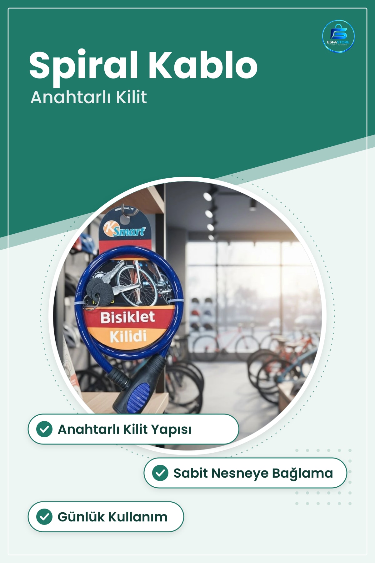 Bisiklet Kilidi Mavi Spiral Kablolu Anahtarlı Güvenlik Bağlama Günlük Kullanım Pratik