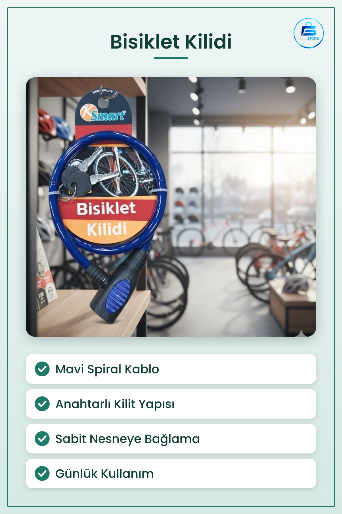 Bisiklet Kilidi Mavi Spiral Kablolu Anahtarlı Güvenlik Bağlama Günlük Kullanım Pratik