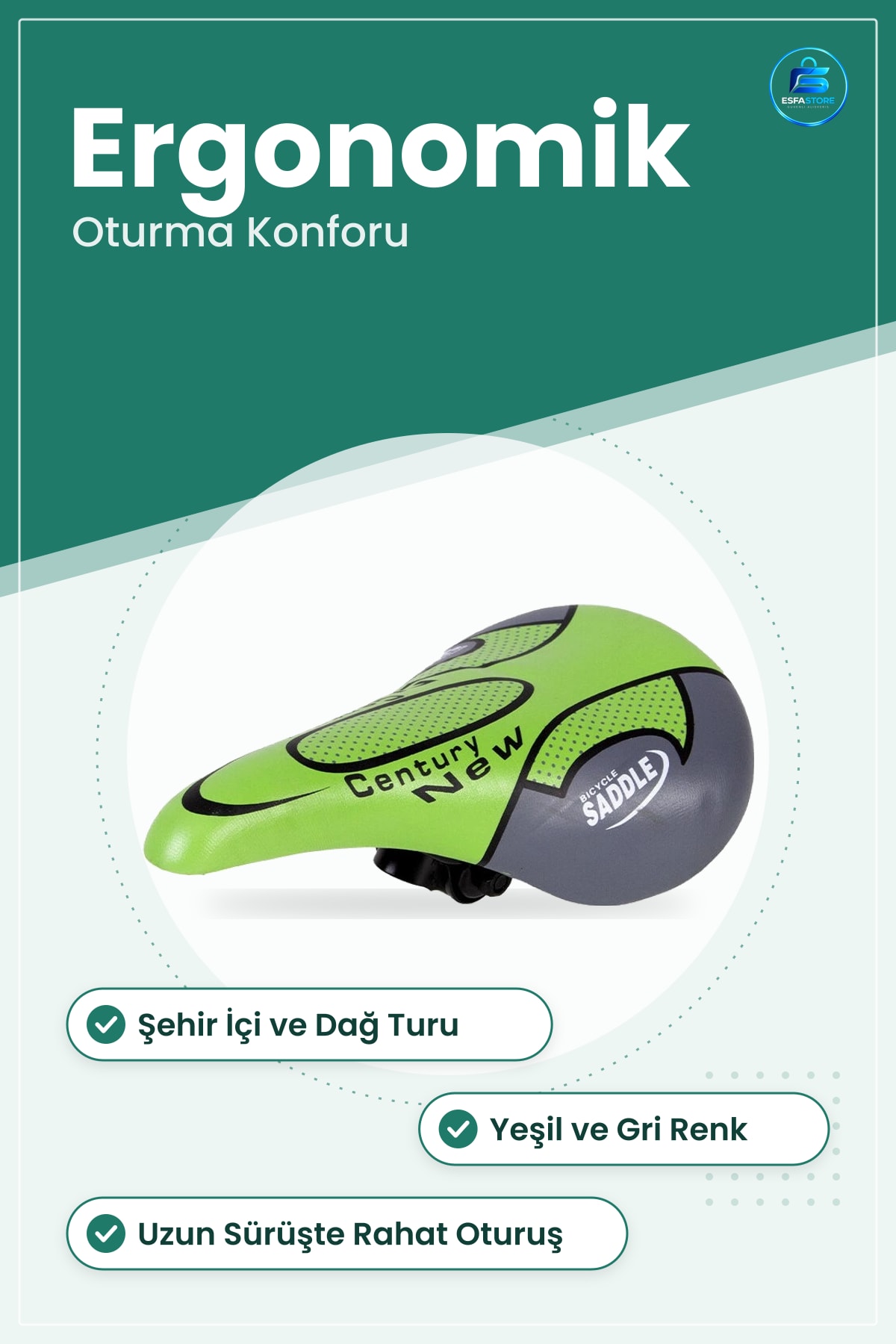 Ergonomik Bisiklet Selesi Yeşil Gri Dolgulu Şehir ve Dağ Turu Sele Koltuğu Sürüş Rahatlığı