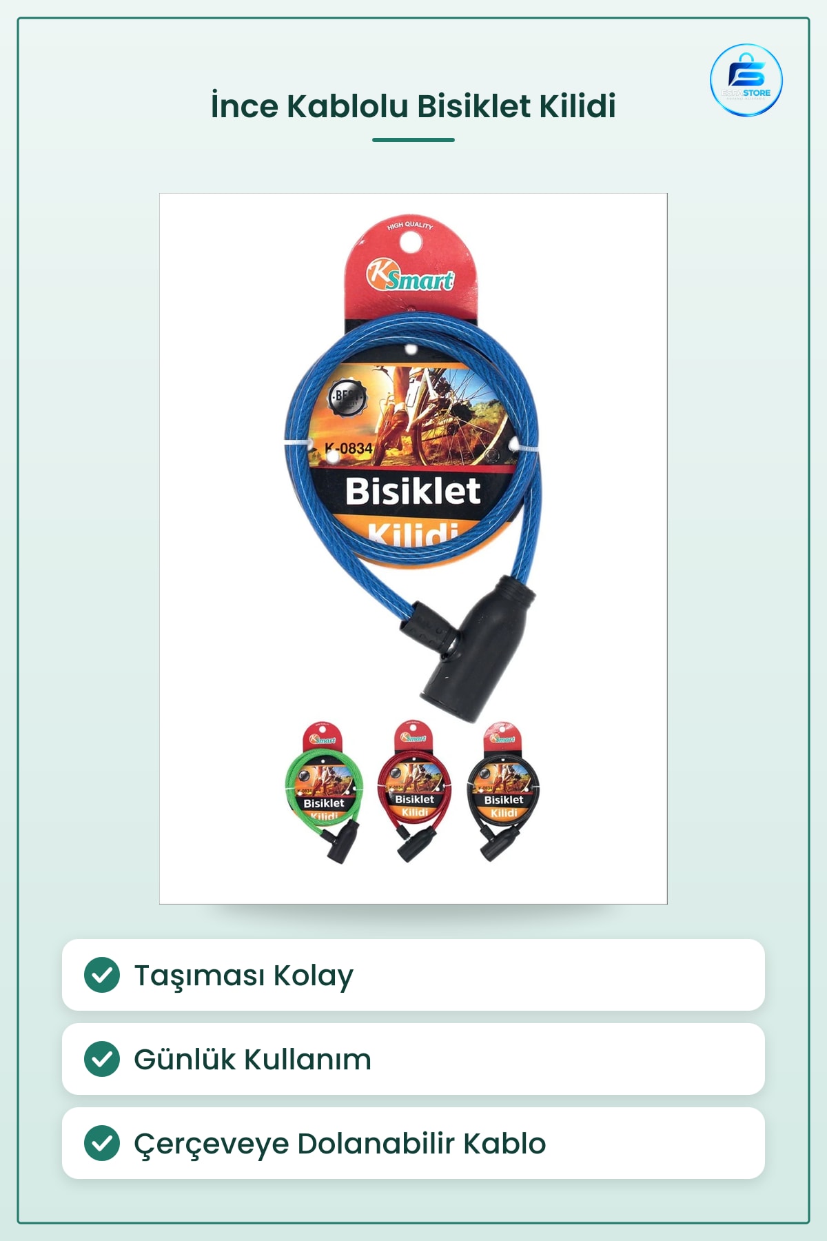 Bisiklet Kilidi İnce Kablolu Günlük Kullanım Taşınması Kolay Güvenlik Kilit Aksesuarı