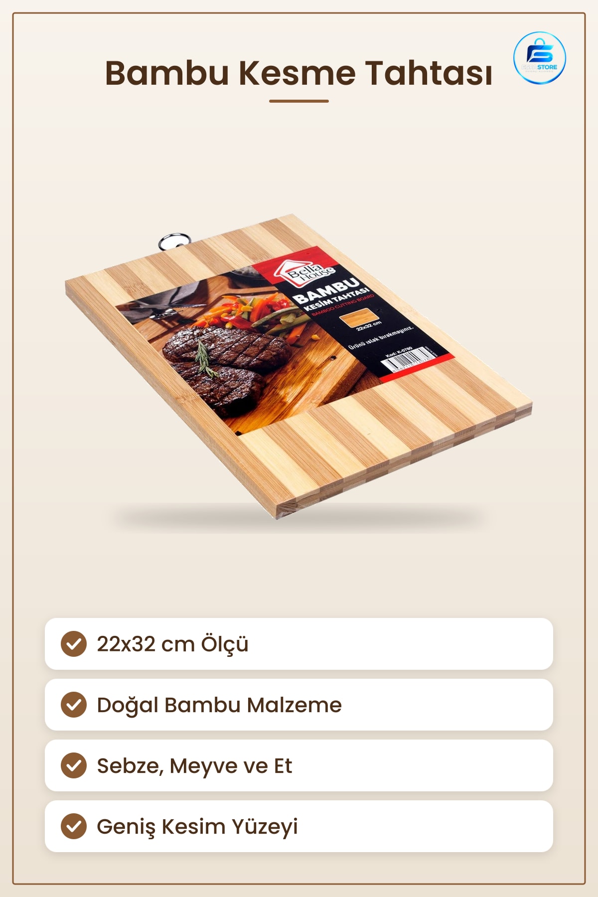 Bambu Kesme Tahtası 22x32 cm Kesim Panosu Mutfak İçin Doğal Pratik Sebze Et Hazırlık Levhası