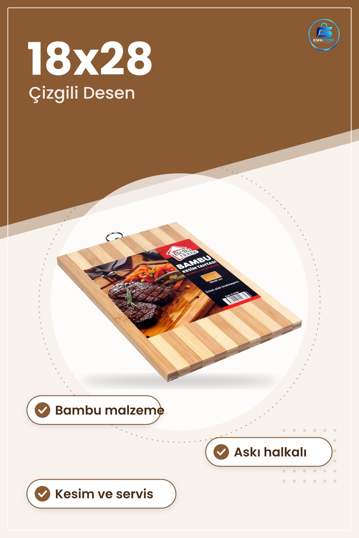 Kesme Tahtası Bambu Kesim Panosu Çizgili Askı Halkalı Mutfak Hazırlık ve Servis İşleri
