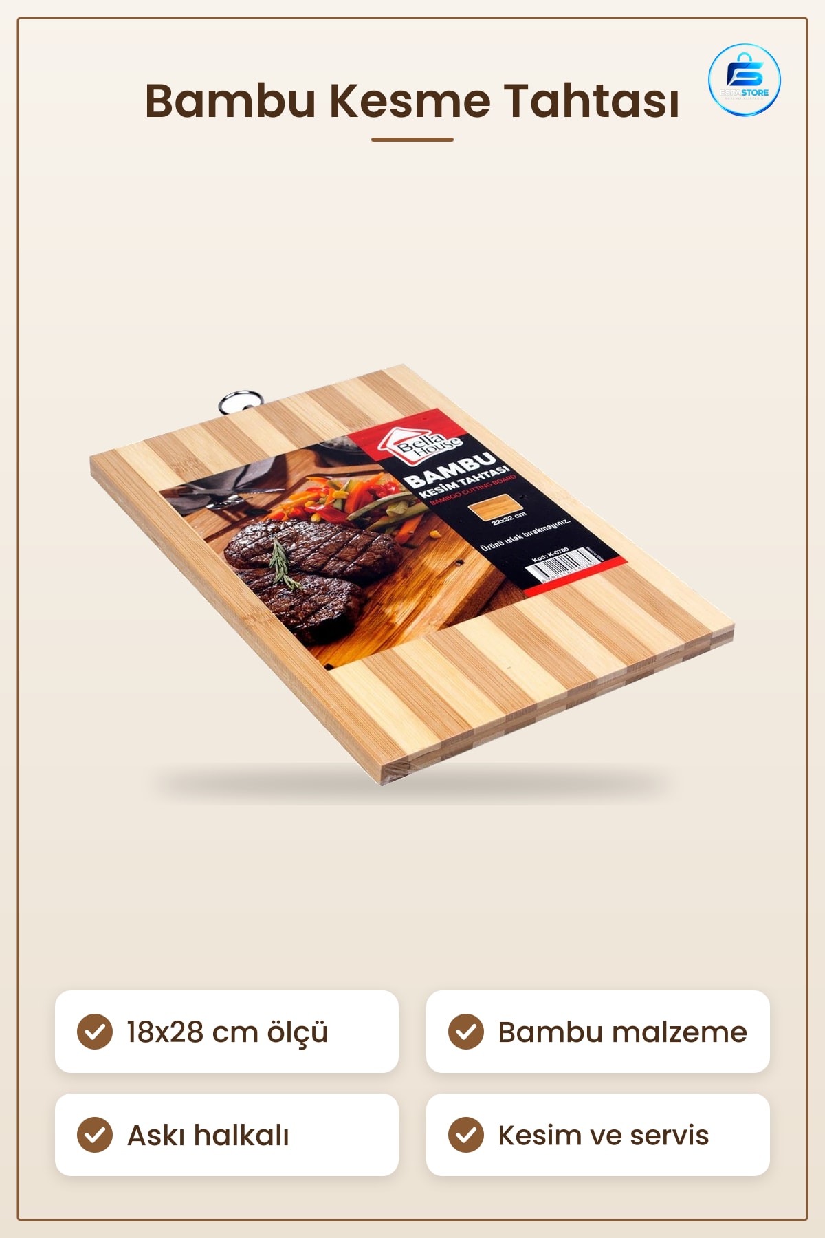Kesme Tahtası Bambu Kesim Panosu Çizgili Askı Halkalı Mutfak Hazırlık ve Servis İşleri