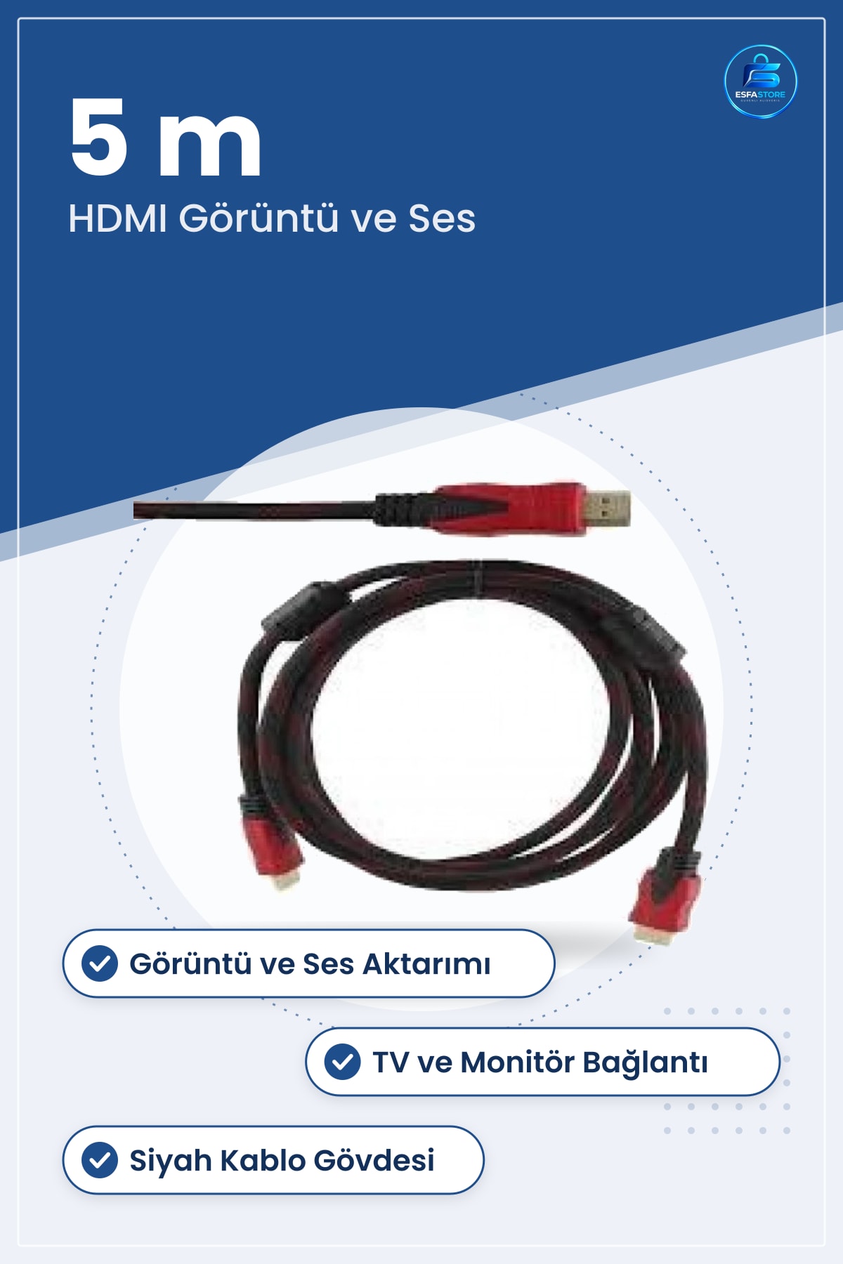 HDMI Kablo 5 m Görüntü ve Ses Kablosu Siyah Kırmızı Uçlu TV Monitör Bilgisayar Bağlantı