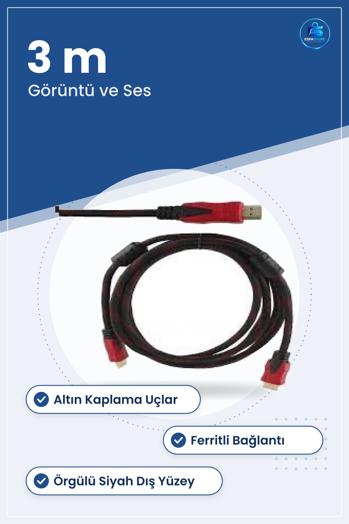 HDMI Kablo 3 m Kırmızı Siyah Örgülü Görüntü ve Ses Aktarım Kablosu Altın Uçlu Ferritli Bağlantı