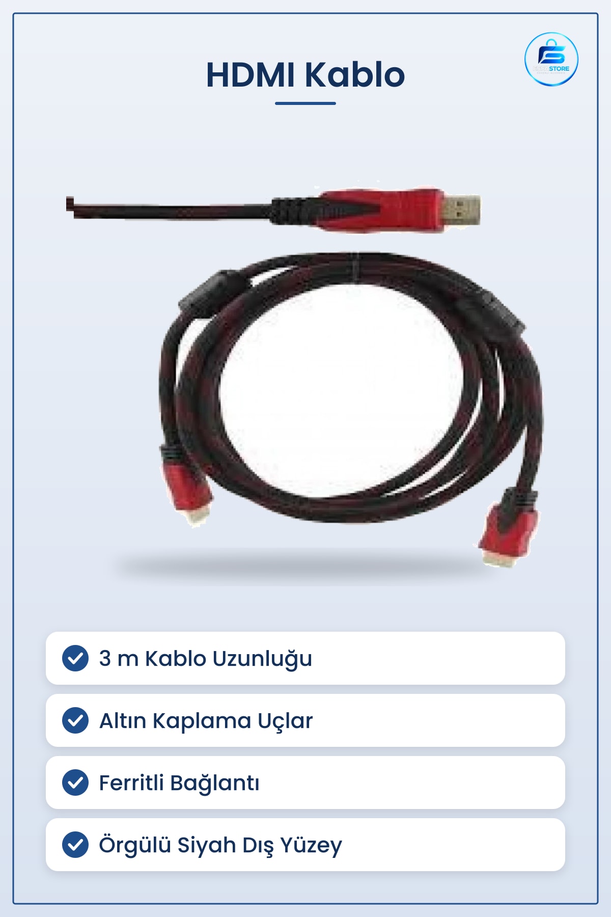 HDMI Kablo 3 m Kırmızı Siyah Örgülü Görüntü ve Ses Aktarım Kablosu Altın Uçlu Ferritli Bağlantı