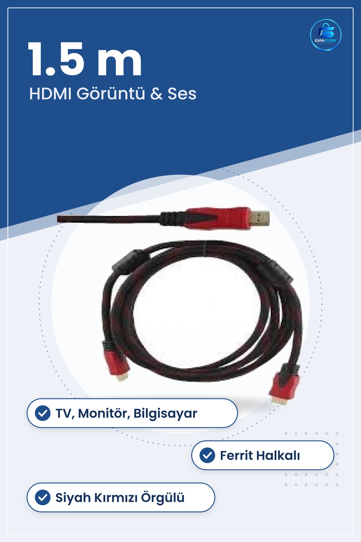 HDMI Kablo 1.5 m Görüntü ve Ses Kablosu Siyah Kırmızı Uçlu TV Monitör Bilgisayar Bağlantı