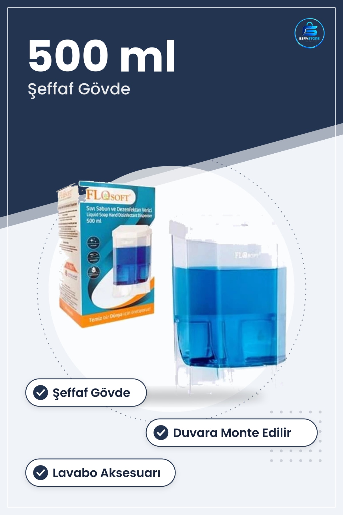 Sıvı Sabunluk 500 ml Duvar Tipi Şeffaf Gövdeli Banyo Lavabo Aksesuarı Sabun Dispenseri