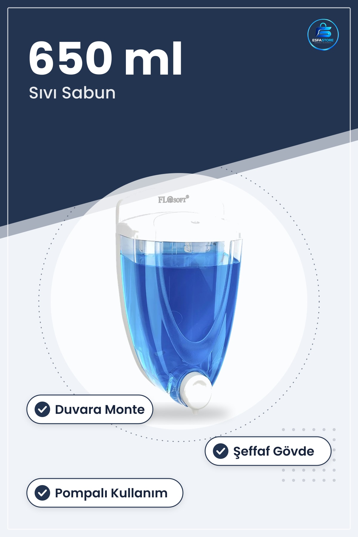 Sıvı Sabunluk 650 ml Duvara Monte Banyo Sabun Dispenseri Beyaz Şeffaf Gövdeli Pompalı