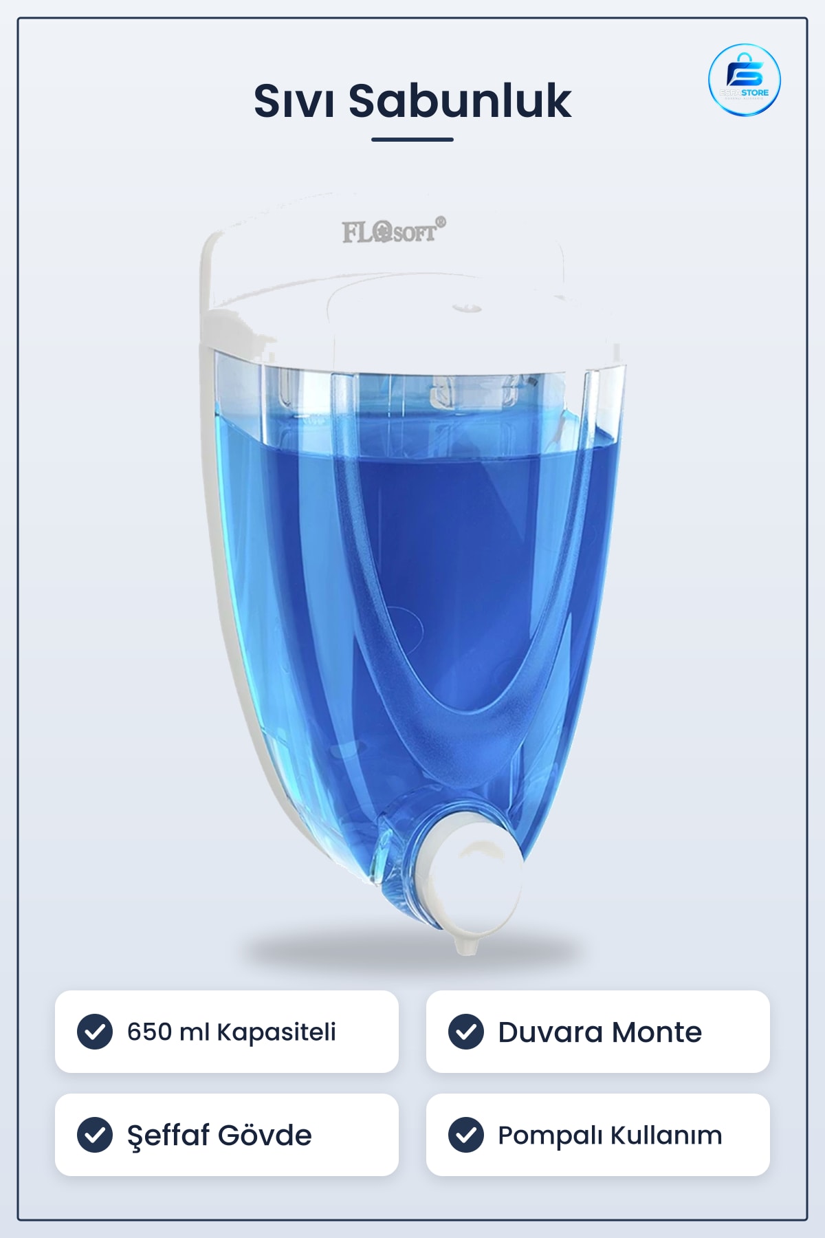 Sıvı Sabunluk 650 ml Duvara Monte Banyo Sabun Dispenseri Beyaz Şeffaf Gövdeli Pompalı