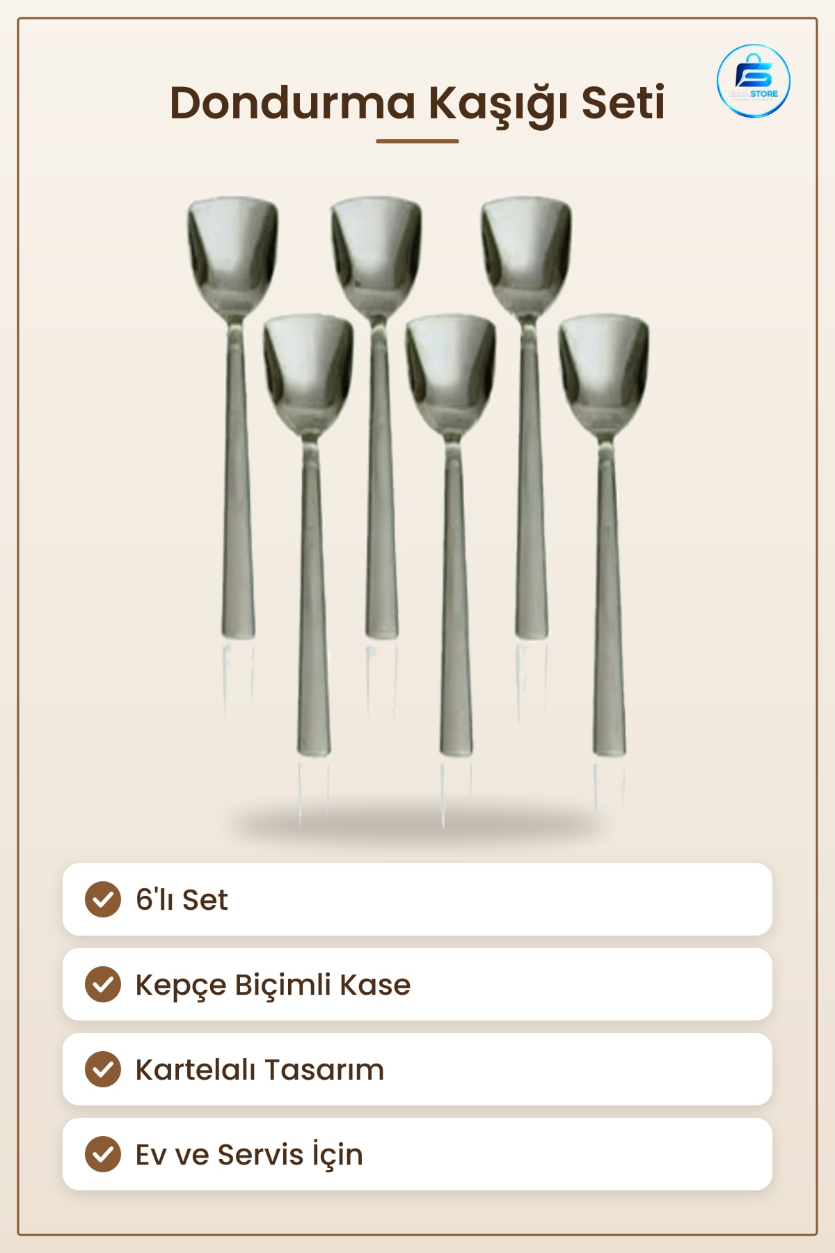Kartelalı Dondurma Kaşığı 6'lı Servis Mutfak Sofra Takımı İçin Tatlı Kaşık Seti Kolay Kullanım