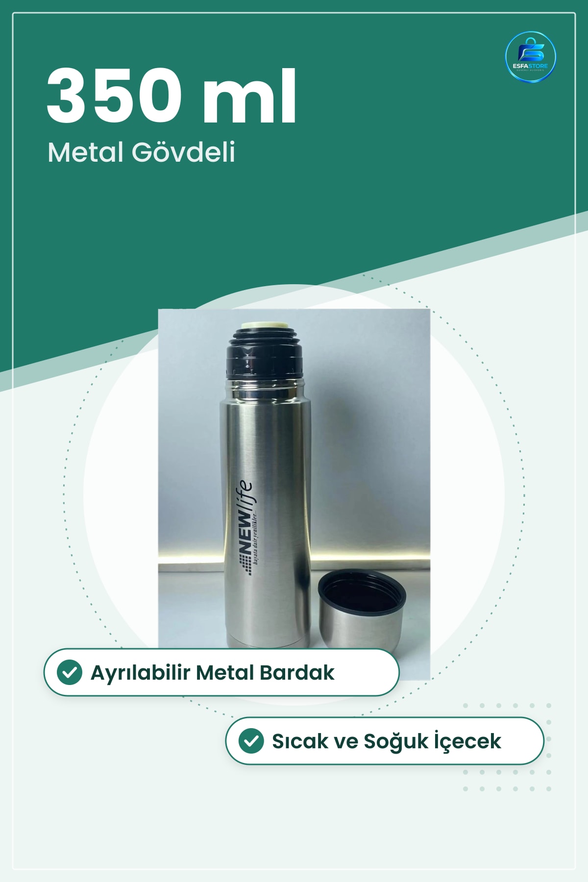 Termos 350 ml Metal Gövdeli Bardaklı Sıcak ve Soğuk İçecek Kamp Seyahat Ofis Okul Taşıma