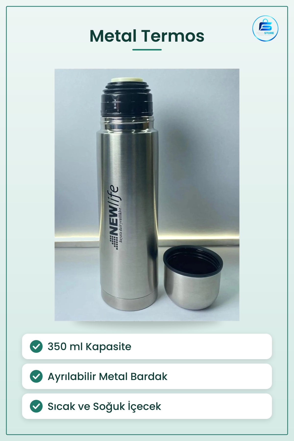 Termos 350 ml Metal Gövdeli Bardaklı Sıcak ve Soğuk İçecek Kamp Seyahat Ofis Okul Taşıma