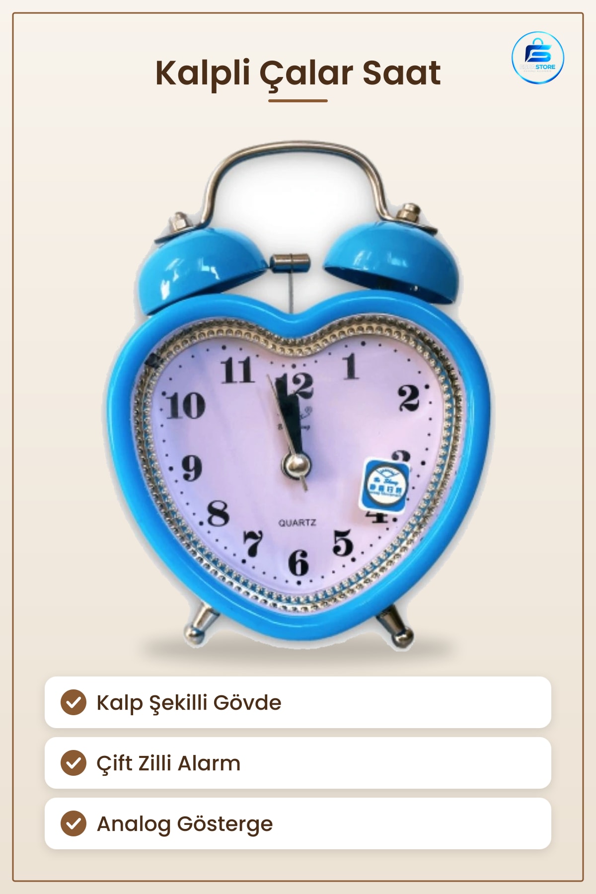 Çalar Saat Kalp Şekilli Mavi Çift Zilli Alarmlı Quartz Masa Saati Hediyelik Masaüstü