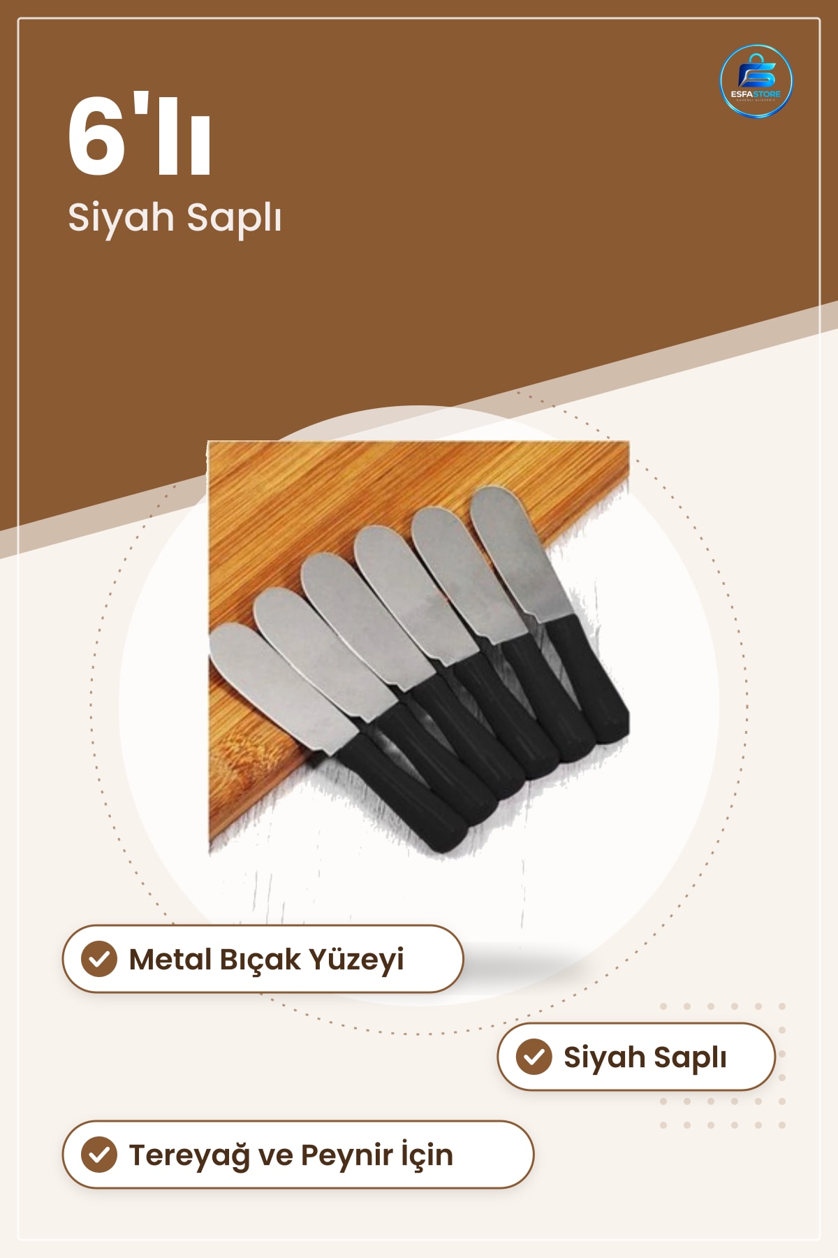 Kahvaltı Bıçağı 6'lı Tereyağ Peynir Sürme Siyah Saplı Çatal Kaşık Mutfak Sofra Gereci