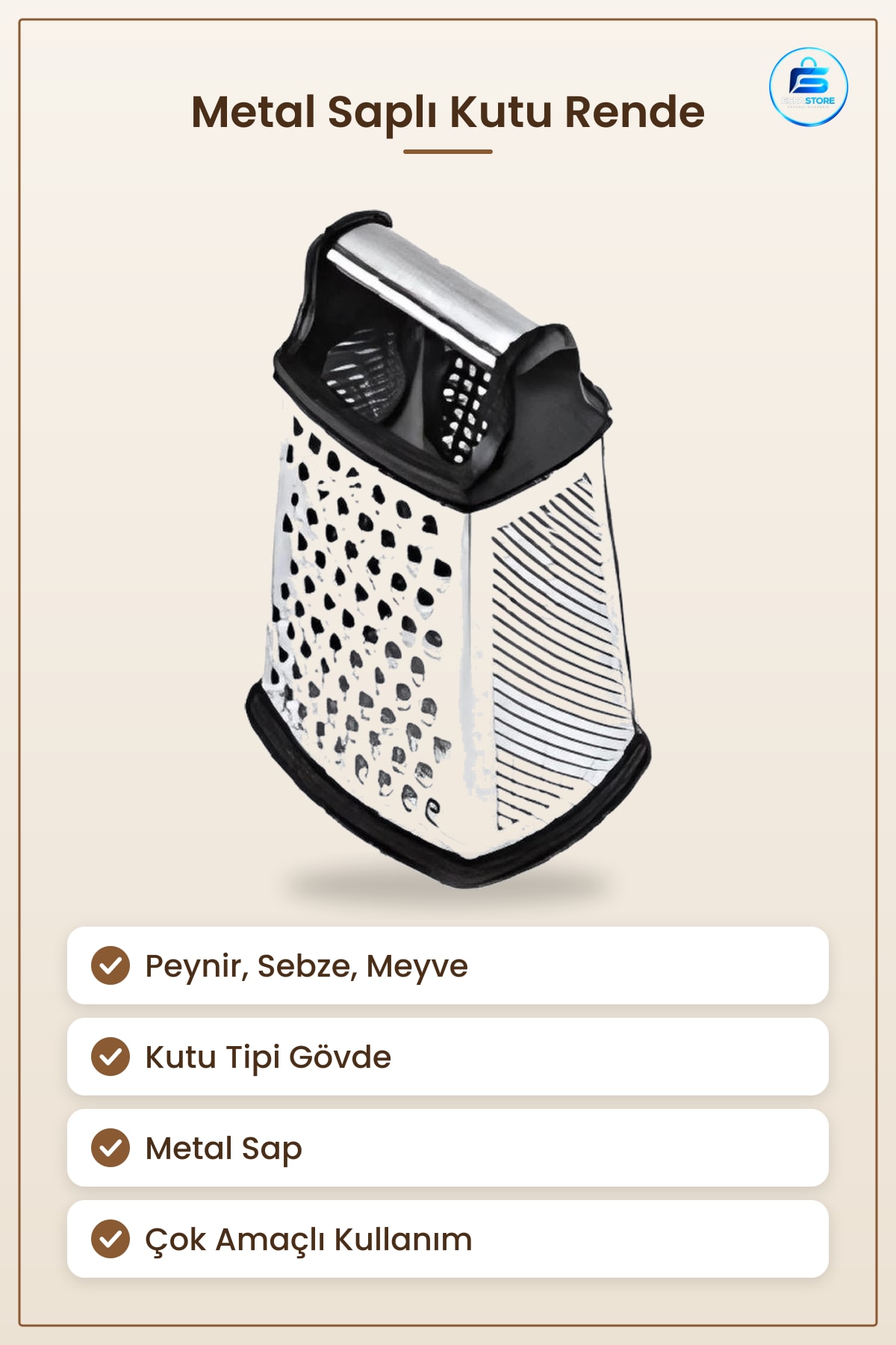 Metal Saplı Rende Mutfak Peynir Sebze Meyve Kutu Tipi Çok Amaçlı Yemek Hazırlık Aracı