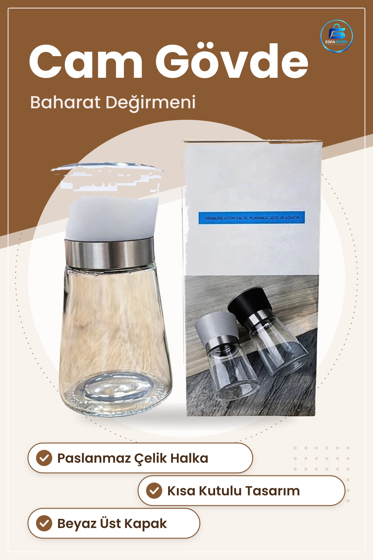 Baharat Öğütücü Değirmen Kısa Kutulu Cam Gövdeli Paslanmaz Çelik Halkalı Mutfak Pratik