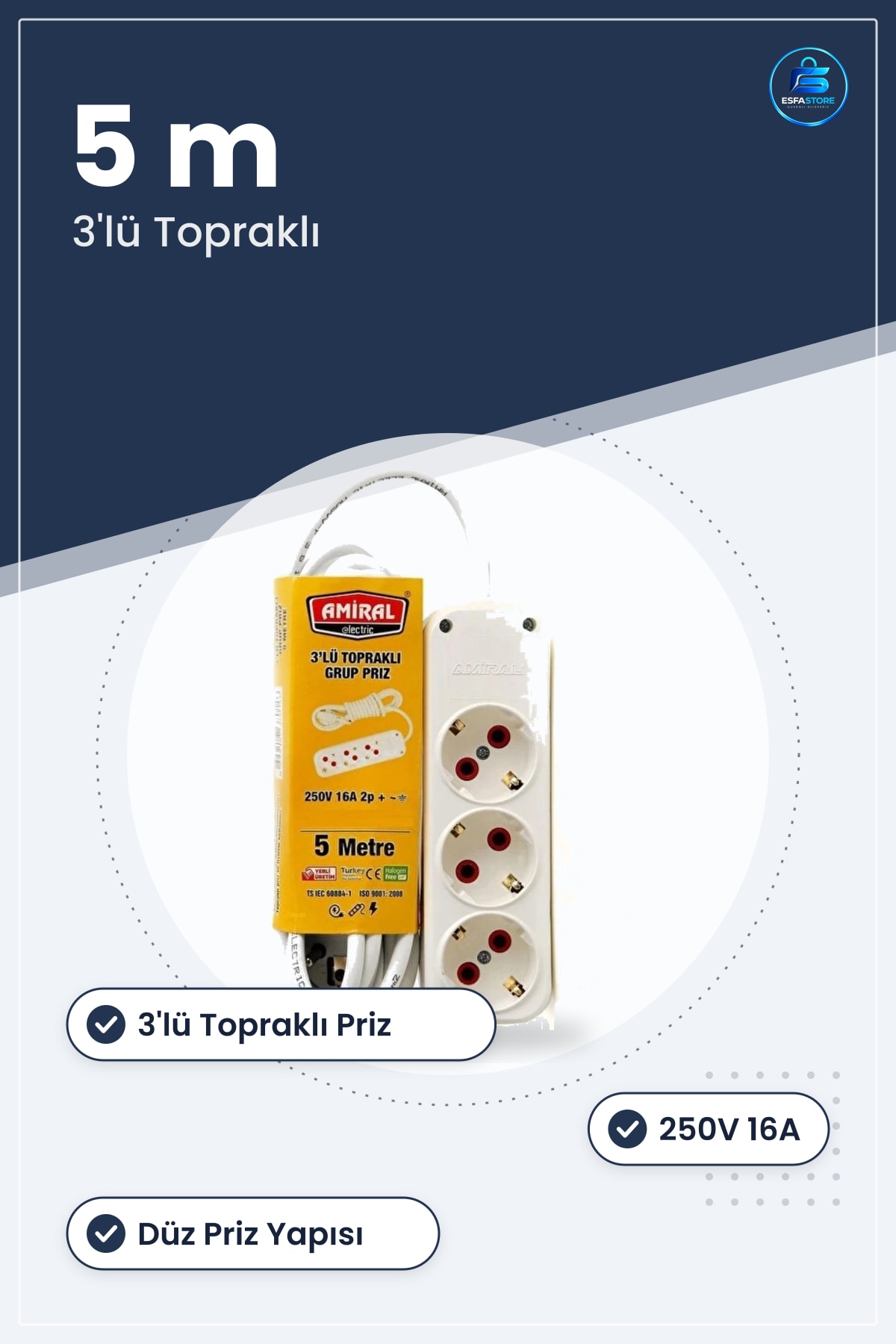 Grup Priz Uzatma Kablosu 5 m 3'lü Topraklı Düz Çok Amaçlı Ev ve Ofis Kullanımı 250V 16A
