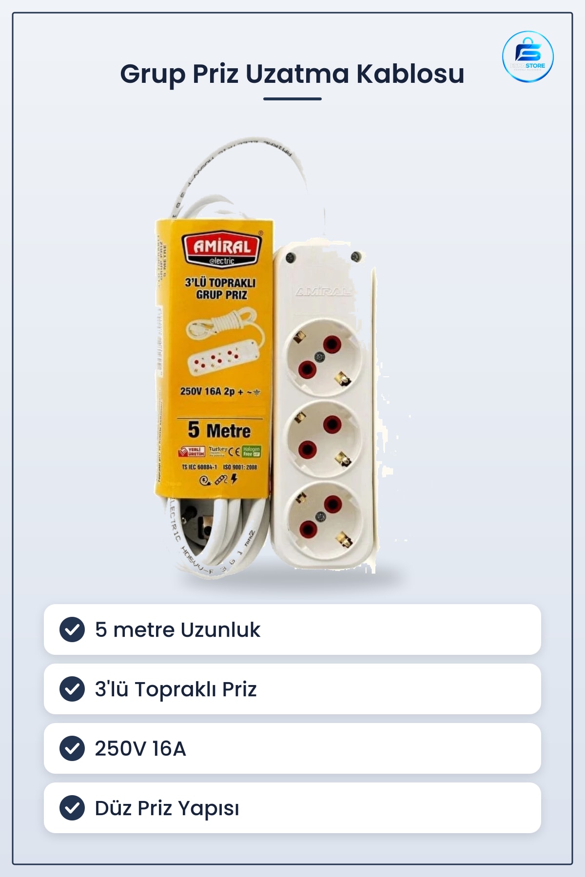 Grup Priz Uzatma Kablosu 5 m 3'lü Topraklı Düz Çok Amaçlı Ev ve Ofis Kullanımı 250V 16A